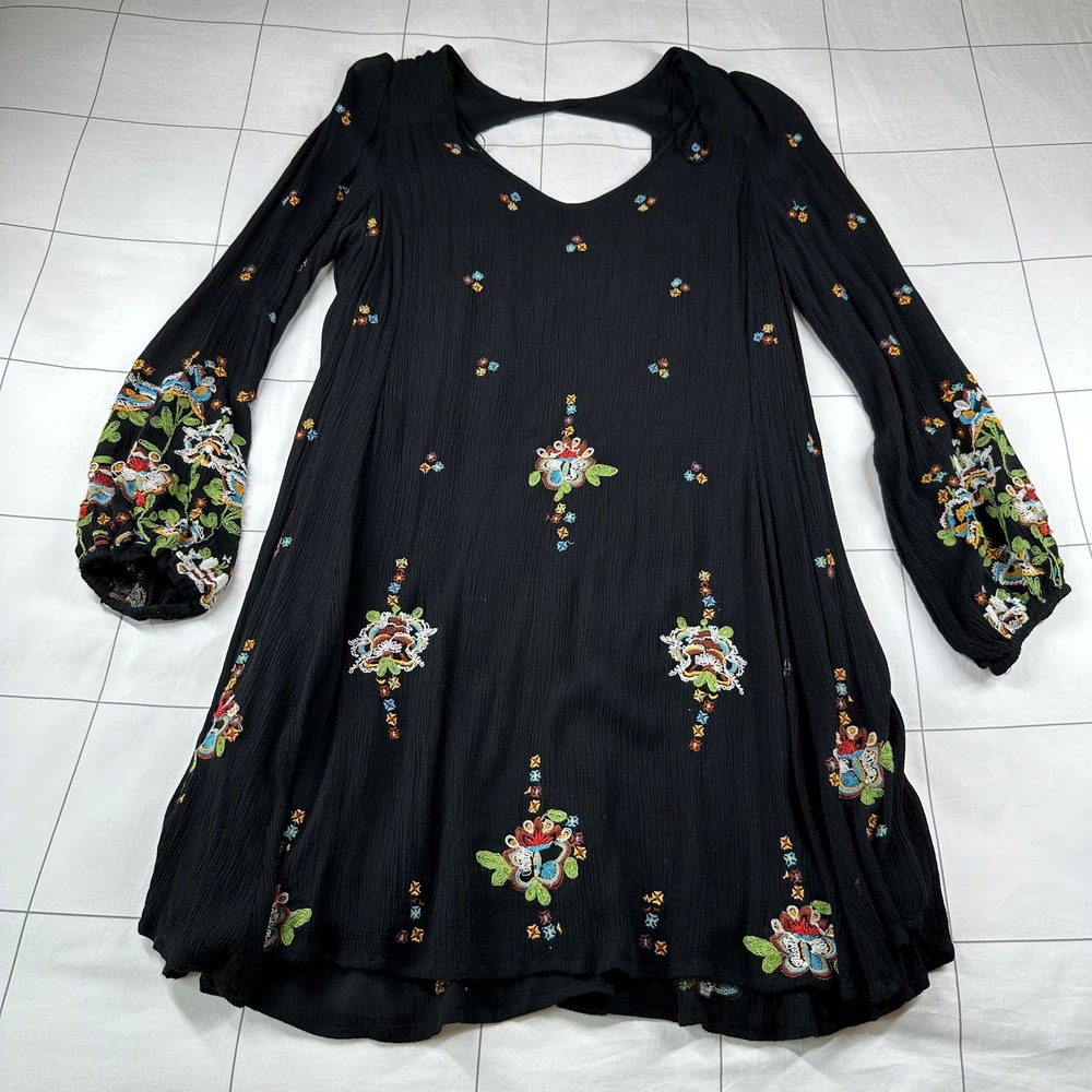 Free People Dress Womens Large Black Oxford Floral Embroidered Open Back Boho